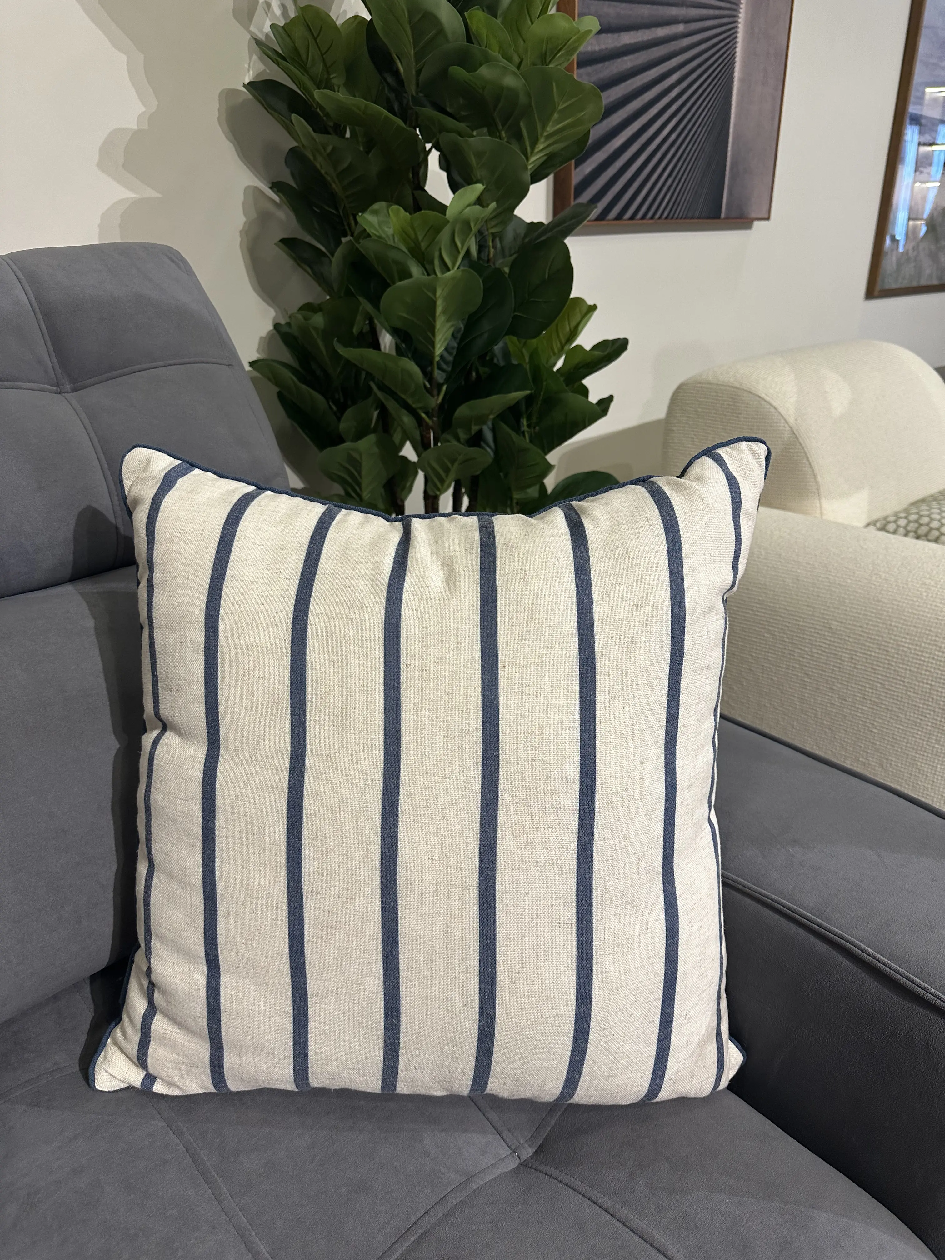 Almohada de lino con tramado color Azul líneas